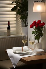 A romantic dinner table with two glasses of white wine and a vase of red roses