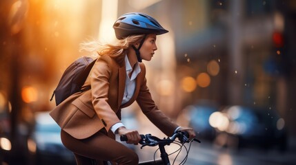 businesswoman go to work at office stand and smiling wear backpack with bicycle on street around building on a city. Bike commuting, Commute on bike, Business commuter concept.