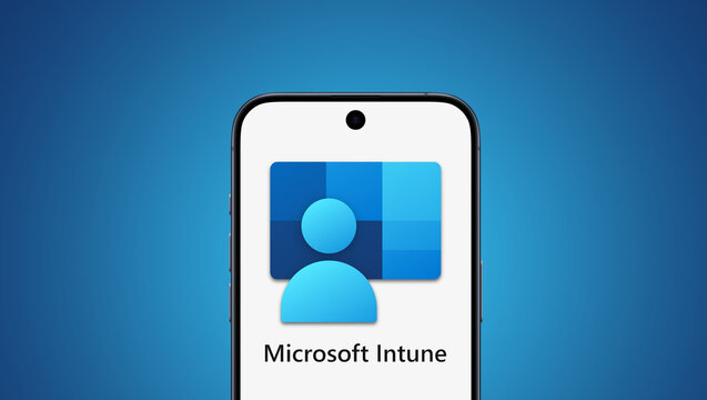 Microsoft Intune logo displayed on a modern smartphone, blue gradient matching the color of the logo behind, Microsoft logo next to it, cloud-based unified endpoint management service, Microsoft Azure