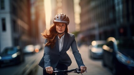 businesswoman go to work at office stand and smiling wear backpack with bicycle on street around building on a city. Bike commuting, Commute on bike, Business commuter concept.