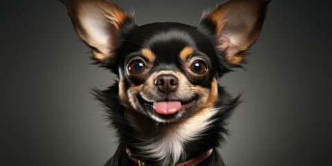 A cute black and tan chihuahua dog with a big smile on its face