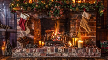 Warm Holiday Hearth with Decorative Stockings and Fir Garland