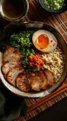 A delicious bowl of ramen with pork, egg, and scallions