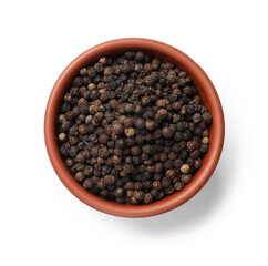 Aromatic spice. Many black peppercorns in bowl isolated on white, top view
