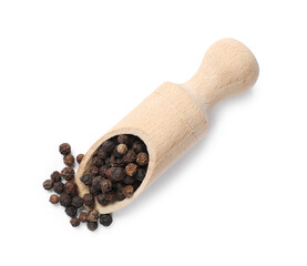 Aromatic spice. Many black peppercorns in scoop isolated on white, top view