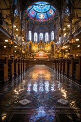 Obraz premium The long aisle of an empty church with stained glass windows and a vaulted ceiling
