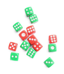 Many green and red game dices isolated on white, top view