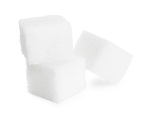 Three refined sugar cubes isolated on white