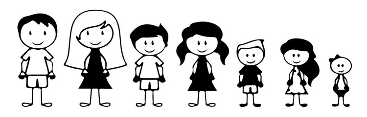 Set of happy cartoon doodle figure family, stick man. Stickman Illustration Featuring a Mother and Father and Kids. Vector Illustration, set of family in stick figures.