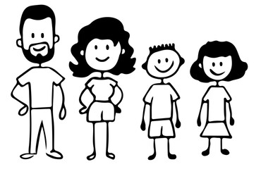 Set of happy cartoon doodle figure family, stick man. Stickman Illustration Featuring a Mother and Father and Kids. Vector Illustration, set of family in stick figures.
