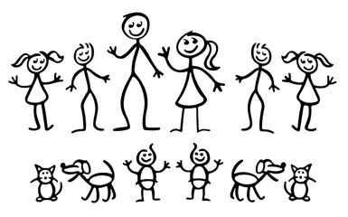 Set of happy cartoon doodle figure family, stick man. Stickman Illustration Featuring a Mother and Father and Kids. Vector Illustration, set of family in stick figures.