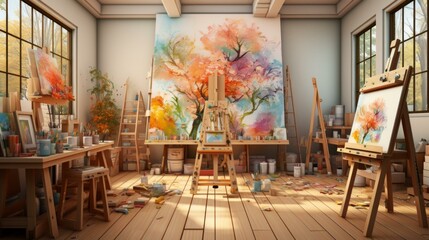 Art Studio with Large Painting of Colorful Trees