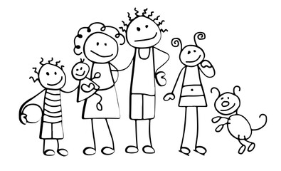 Set of happy cartoon doodle figure family, stick man. Stickman Illustration Featuring a Mother and Father and Kids. Vector Illustration, set of family in stick figures.