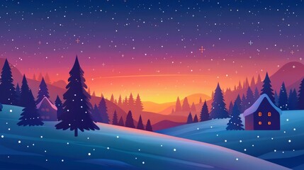 Naklejka premium A Snowy Landscape with a Cabin in the Woods