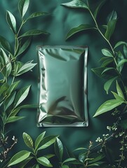 Green tea leaves and branches with blank silver packaging in the center