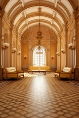 ornate hallway with yellow walls and furniture