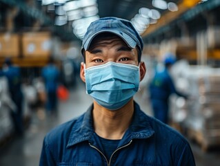 Portrait of a Chinese worker wearing a mask in a factory