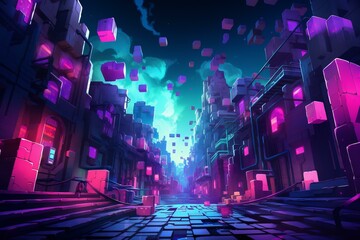 A Cyberpunk City Street with Purple and Blue Neon Lights