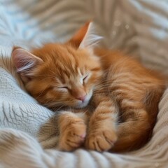 A ginger kitten is sleeping soundly on a white blanket.