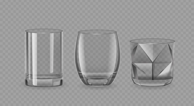 Realistic Drinking Glasses, Isolated 3d Vector Clear Durable Cups Featuring Cylindrical, Crystal and Rounded Shapes