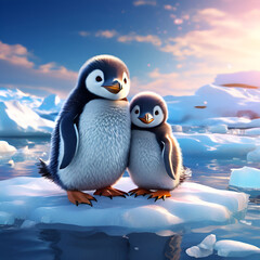 cute mother with baby penguins on an ice floe