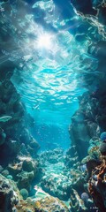Underwater world with coral reef and sunlight