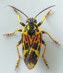 A brightly colored beetle with yellow, orange, black, and white markings