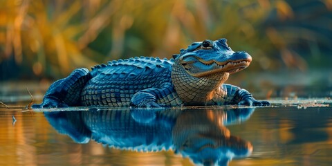 A blue alligator is resting in the water, showing its sharp teeth