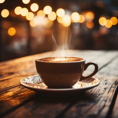 Aromatic hot chocolate in a ceramic cup on a wooden table
