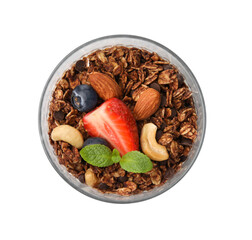 Tasty granola with berries and nuts in glass isolated on white, top view