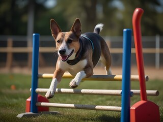 A determined agility dog navigating a challenging obstacle course with speed and precision, ears flopping in the wind, dog running on the playground.