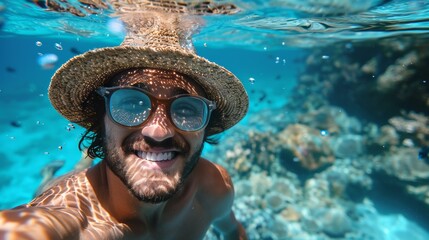 Fototapeta premium A man wearing a straw hat and swimming in the ocean, AI