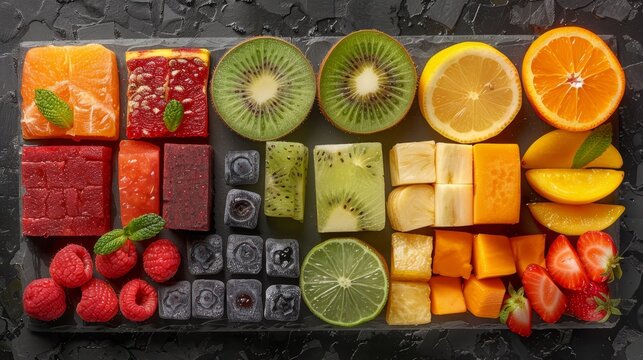   A rectangular arrangement of fruit squares on a table