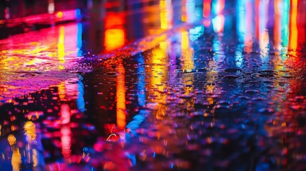 Vibrant Neon Reflections on Rainy City Pavement