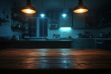 Rustic wooden table with blurred kitchen interior in the background
