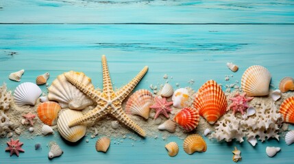 A variety of seashells and starfish on a blue wooden background