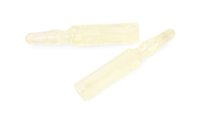 Glass ampoules with liquid isolated on white, top view