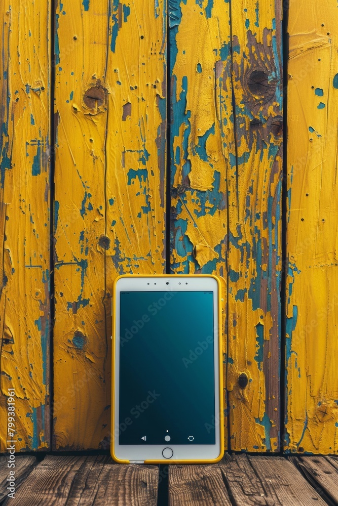 Canvas Prints A tablet computer sitting on a wooden table next to yellow painted walls, AI