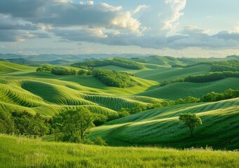 Fototapeta premium Green rolling hills under blue sky with white clouds