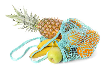 Fresh fruits in string bag isolated on white