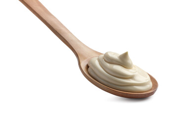 Natural yogurt in wooden spoon isolated on white