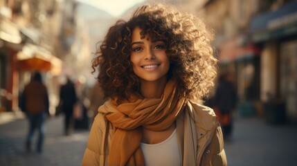 Fototapeta premium Portrait of a beautiful young woman with curly hair smiling in the street