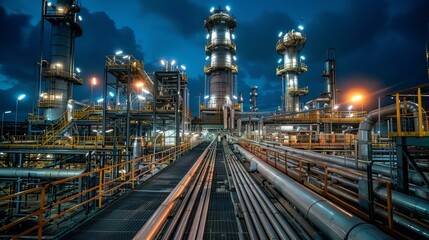 Oil and gas processing plant with pipelines and flare stack at night