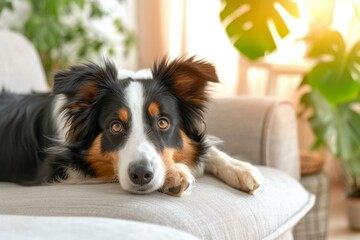A Cute Border Collie Dog Resting On A Couch In A Living Room