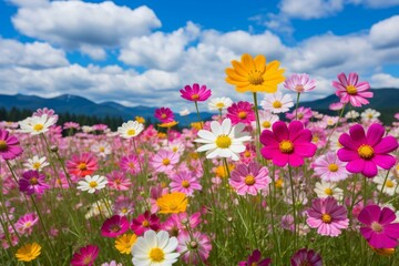 Field of cosmos flowers in full bloom under a blue sky with white clouds