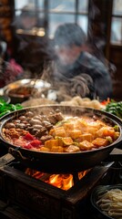 A group of people are sitting around a hot pot, which is a traditional Chinese dish.