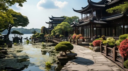 chinese traditional courtyard house with lake and garden - obrazy, fototapety, plakaty
