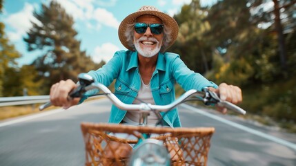 Ageless Adventures: Active Senior on a Relaxing Cycle. Generative ai