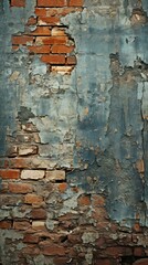 weathered brick wall with blue paint peeling off