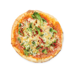 One delicious vegetarian pizza isolated on white, top view